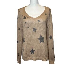 Wooden Ships Knit Sweater Natural Tan Metallic Black Stars Oversized S/M